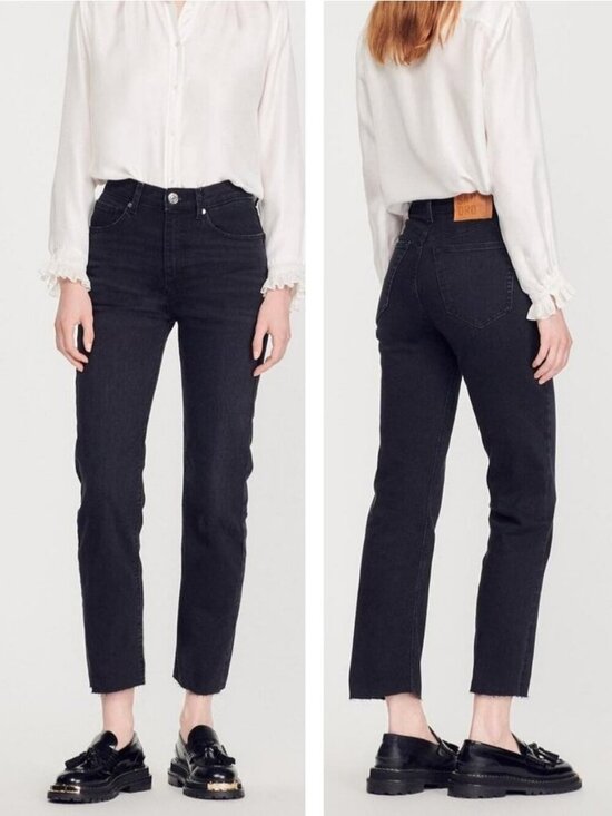 Sandro Denim - SANDRO Straight Leg Jeans With Raw Frayed Hem Size 28 Washed Black